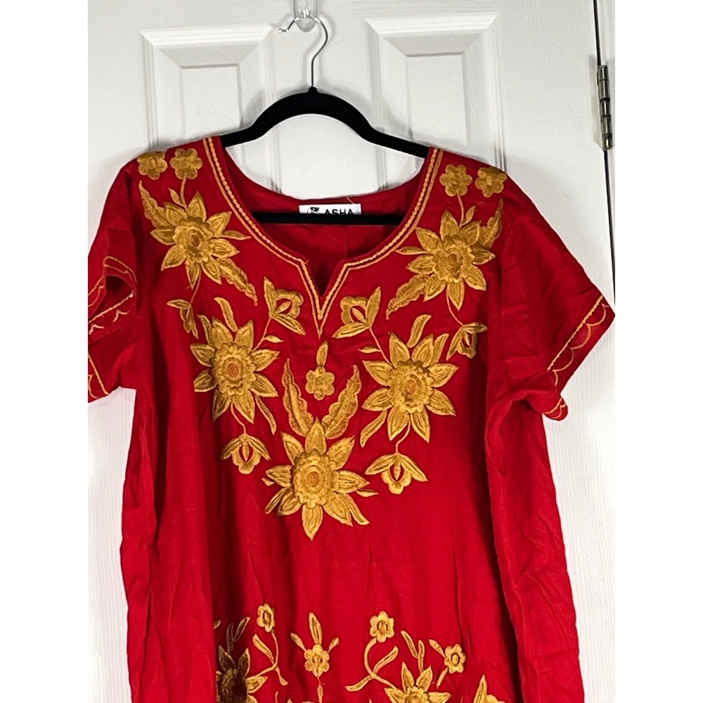 Asha Red Gold Floral Embroidered Tunic Dress Rayon Short Sleeve Boho One Size - Picture 2 of 16